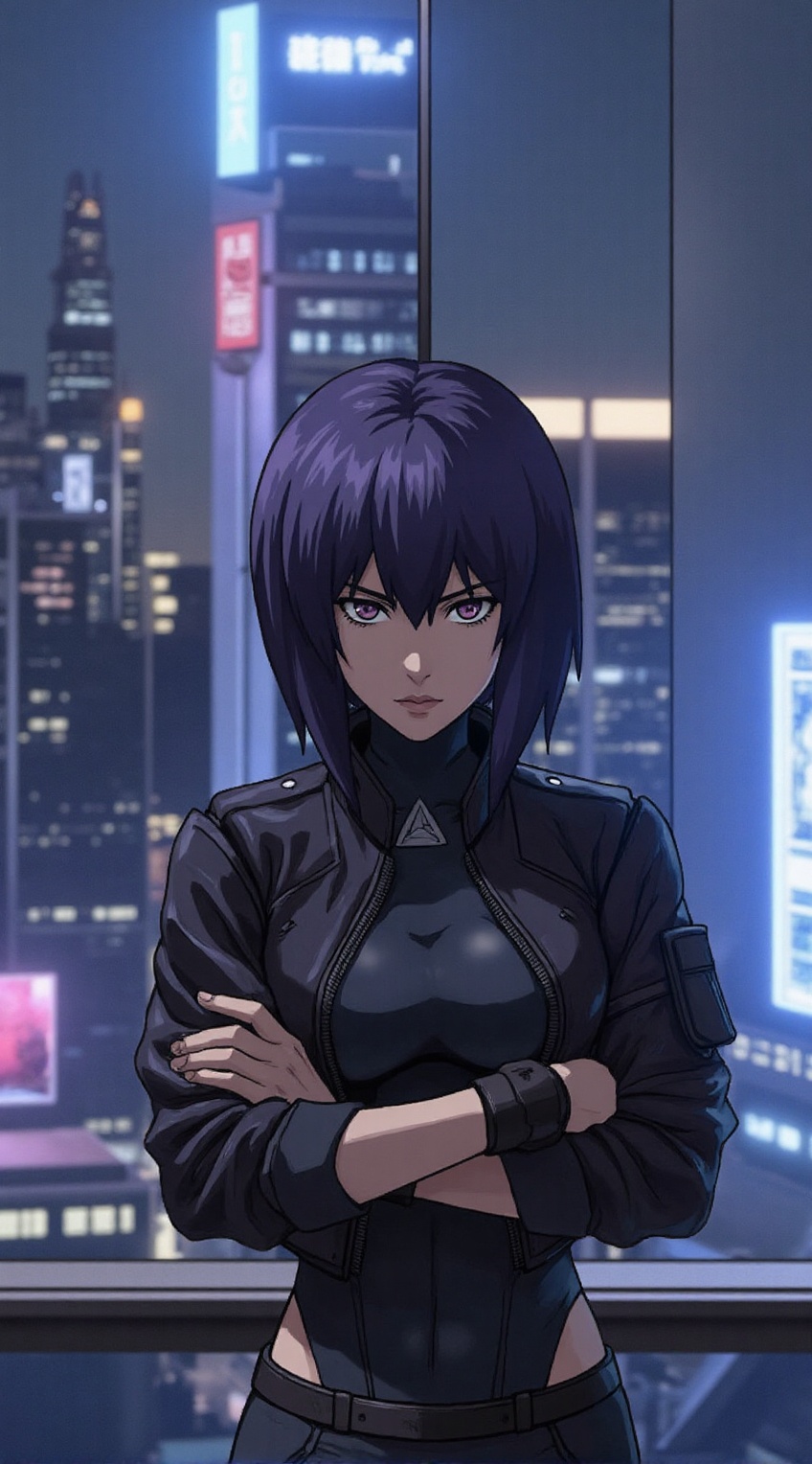 Motoko Kusanagi from Ghost in the Shell stands in a high-tech conference room,  arms crossed with a confident and analytic...