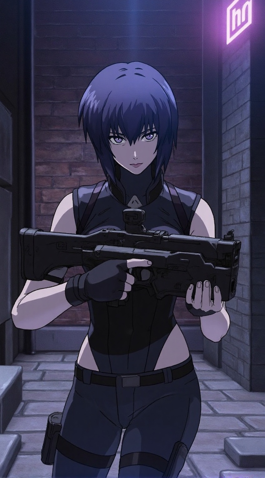 Motoko Kusanagi from Ghost in the Shell stands in a narrow brick alleyway,  holding a futuristic rifle with a firm grip. H...