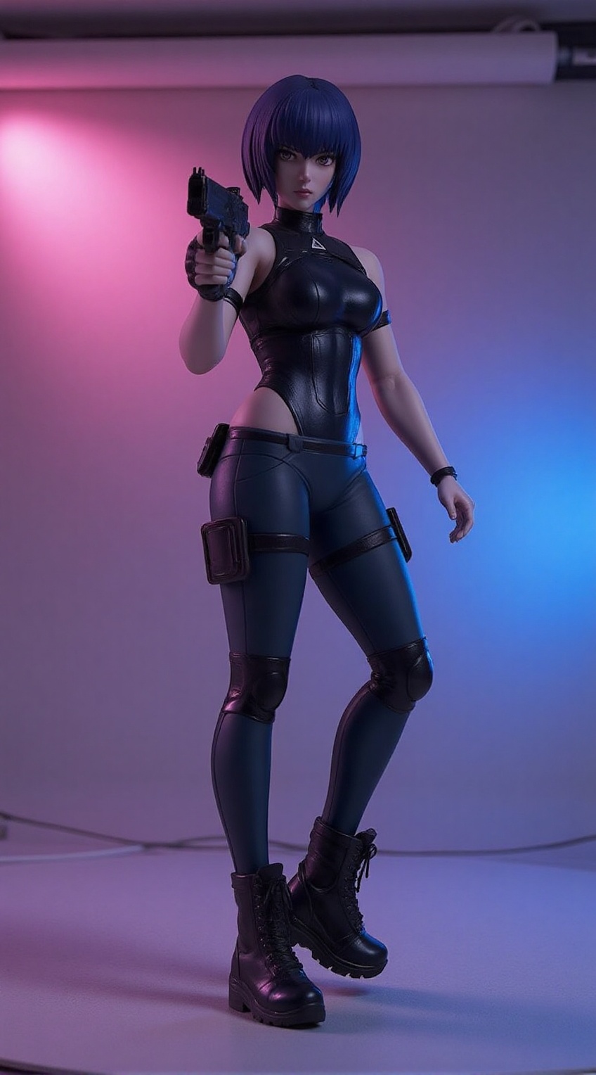 Motoko Kusanagi from Ghost in the Shell poses in a professional photo studio,  styled in a manga-inspired cyberpunk aesthe...