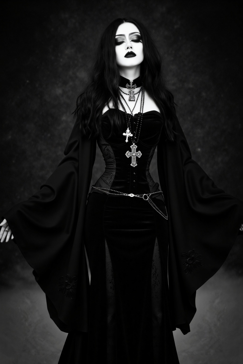A mesmerizing traditional goth girl stands with a serene expression,  her eyes gently closed as if lost in thought. Her lo...