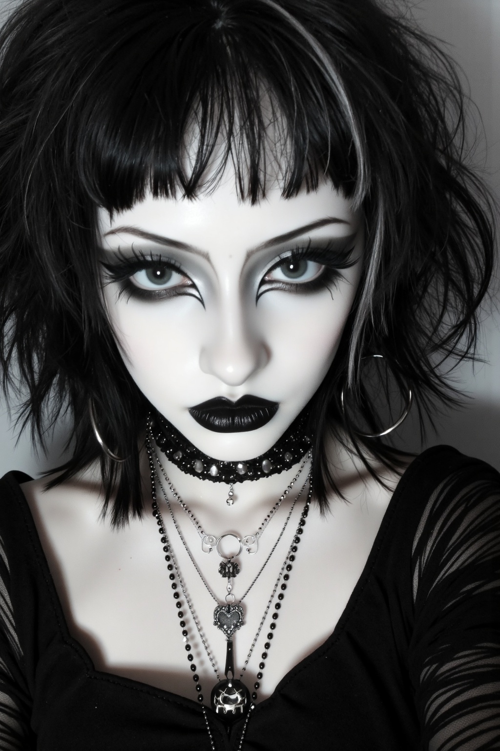 A striking traditional goth girl gazes directly at the viewer,  her expression intense yet composed. Her sharp blunt bangs...
