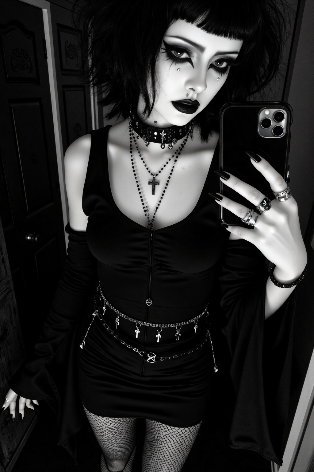 A captivating traditional goth girl takes a mirror selfie,  her short,  edgy hair framing her pale face. Her dark on Tenso...