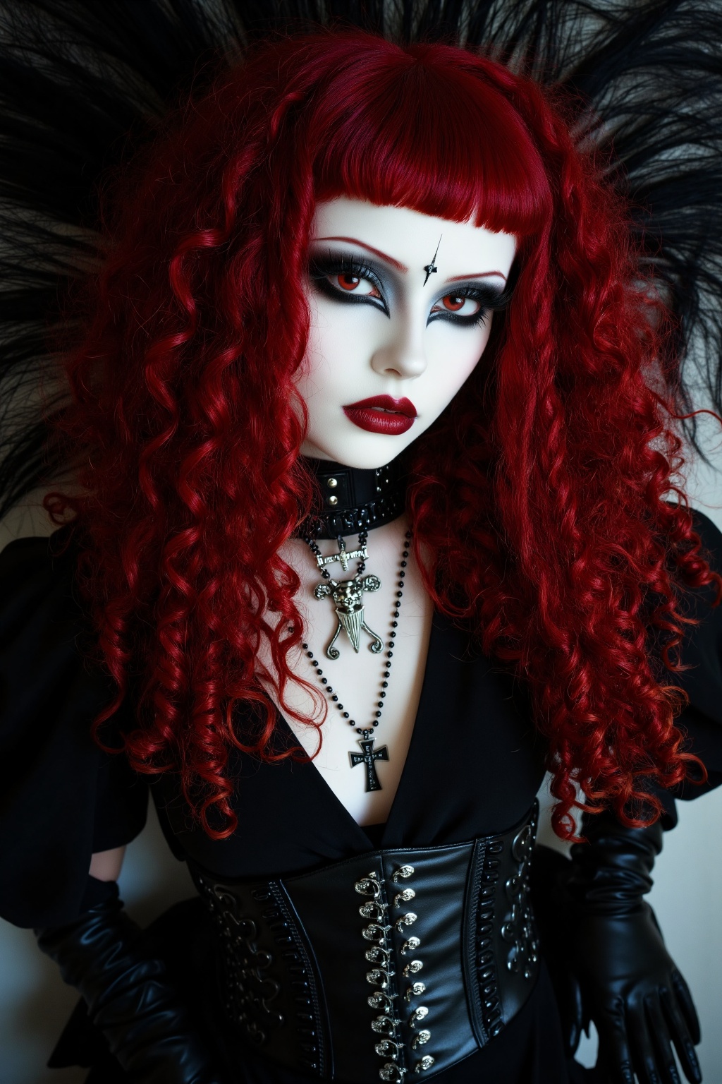 A captivating traditional goth girl with long,  voluminous curly red hair and sharp blunt bangs stares directly at the vie...