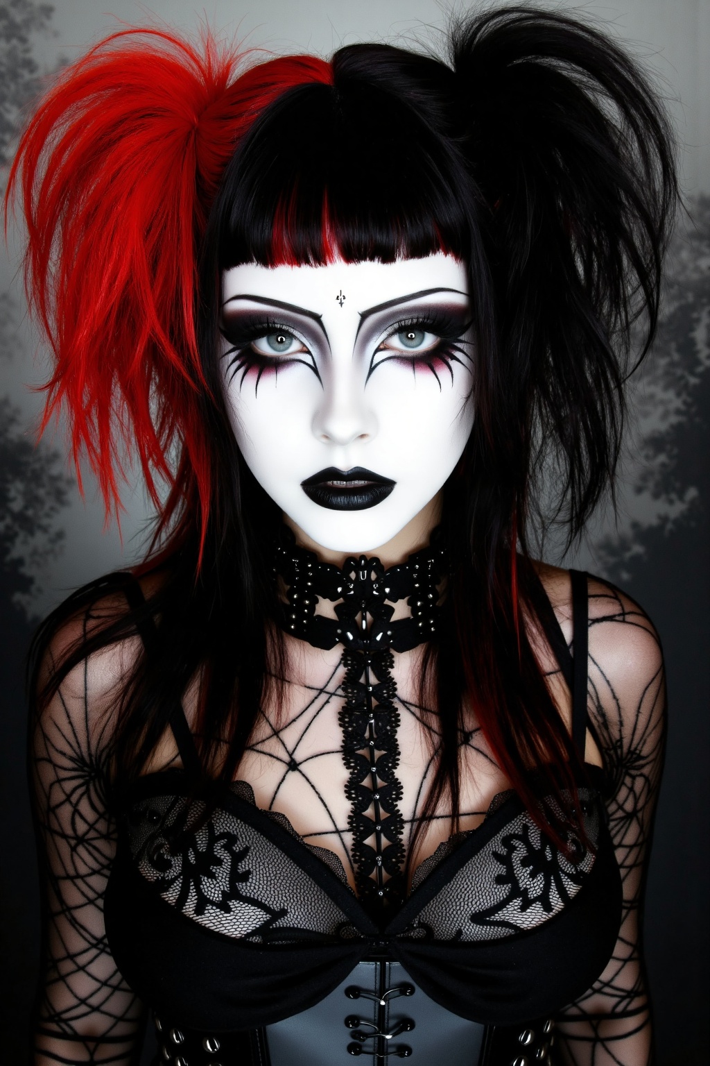 A striking traditional goth girl stares directly at the viewer with a bold and enigmatic expression. Her long,  two-tone h...