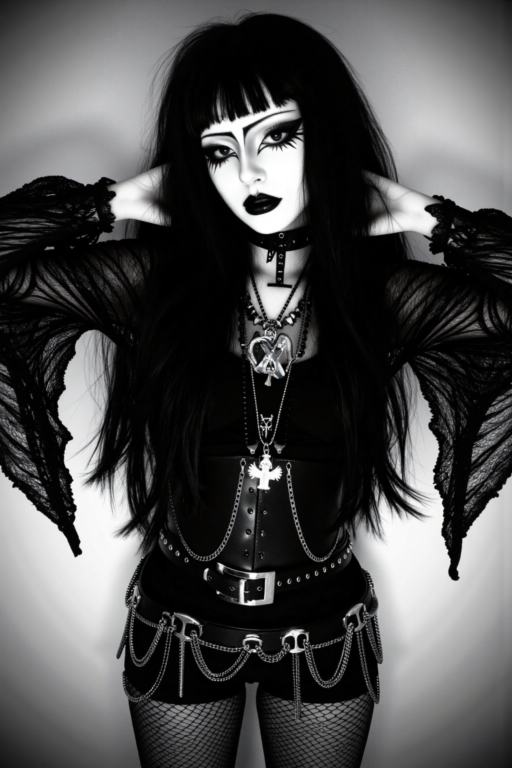 A captivating traditional goth girl stands with her arms resting behind her head,  exuding effortless confidence. Her long...