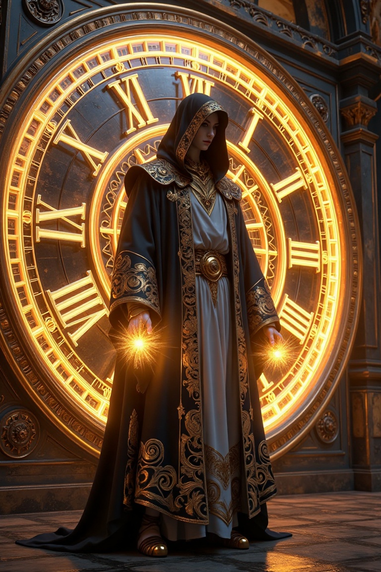 a person standing in front of a large clock,  stunning character art,  albino mystic on Tensor.Art