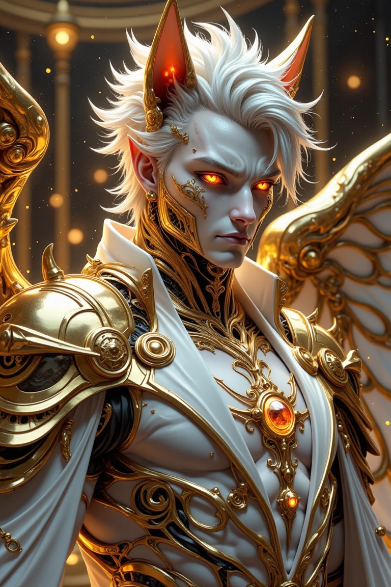 A close-up shot of the demonic male figure,  Mekka,  donning ivory skin and angelic golden armor on Tensor.Art