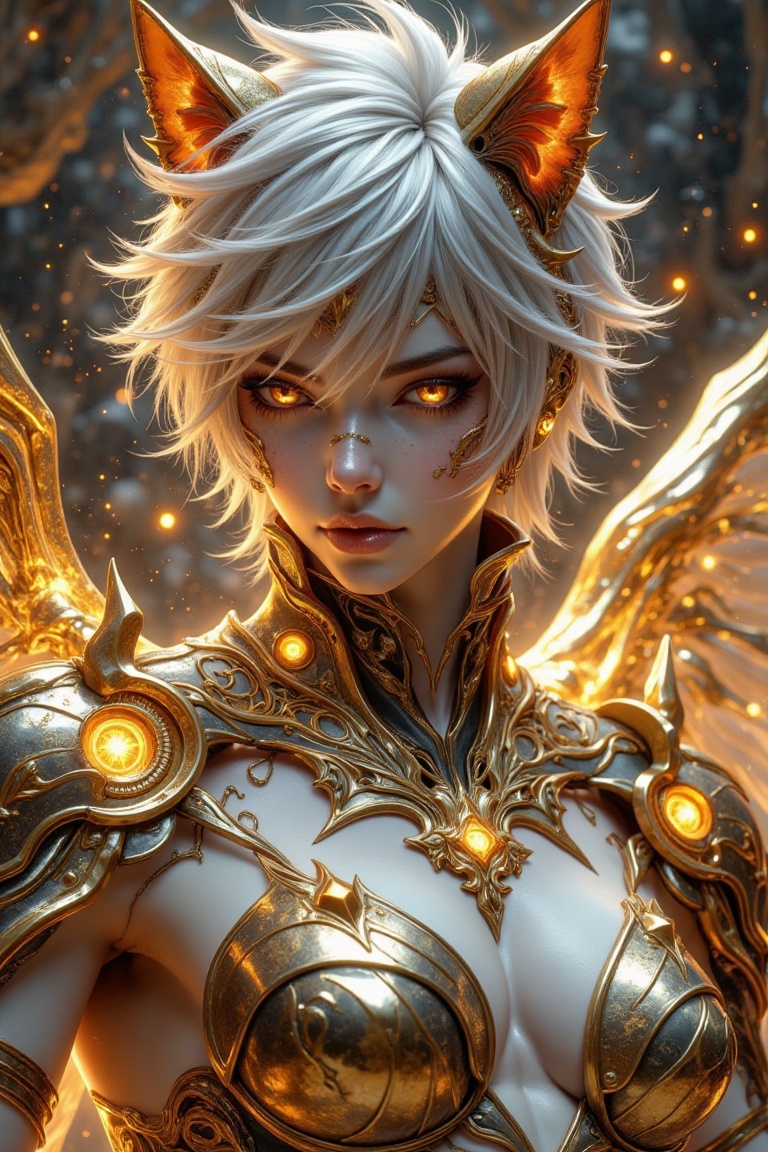 a close up of a person with white hair,  angelic golden armor,  dark fantasy style art on Tensor.Art