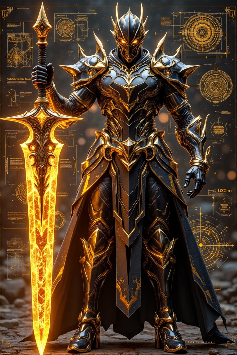 This image depicts a futuristic,  armored warrior in a dark,  ornate suit of armor. The armor is intricately designed with...