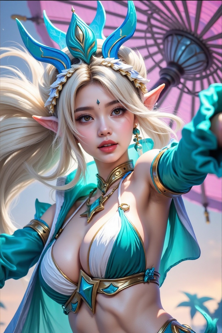 "A dynamic fantasy female character with long platinum blonde hair flowing gracefully. She wears a delicate blue leaf crow...