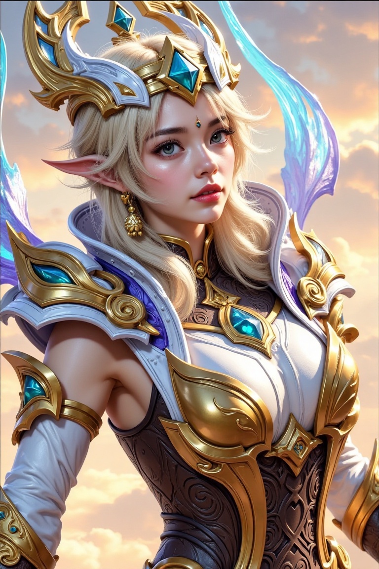 "A heroic,  fantasy female character with light blonde hair styled in soft,  tousled waves. She wears a headband with gold...