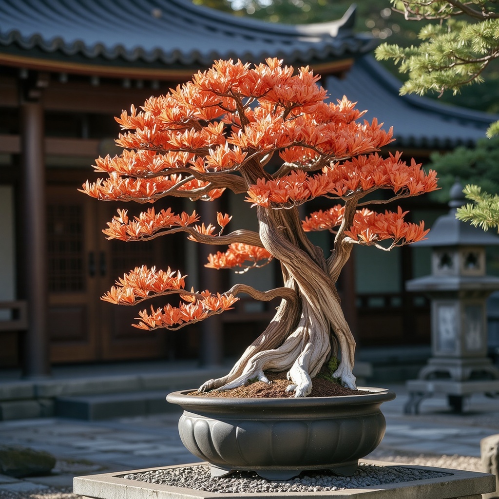 A stout azalea bonsai with vibrant orange blossoms,  placed in a temple courtyard,  weathered stone lantern beside it on T...