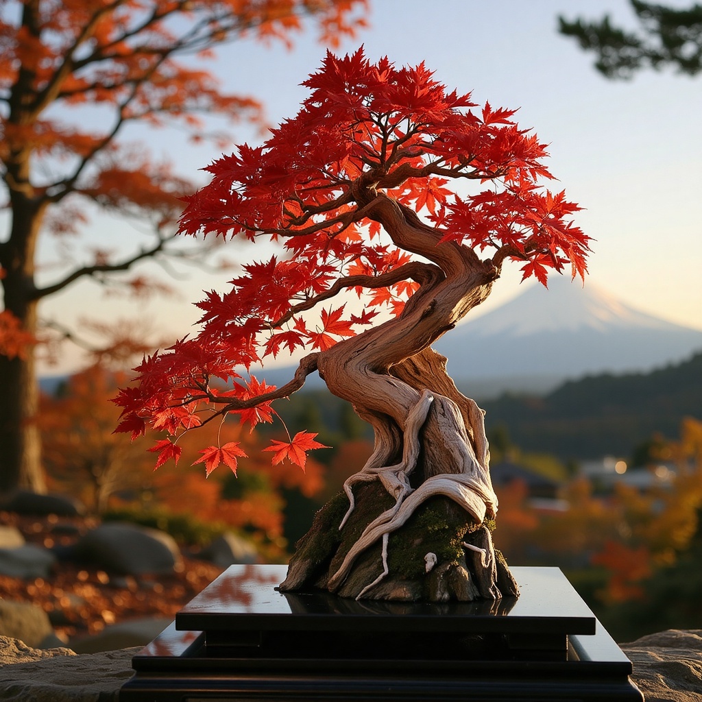A fiery red maple bonsai,  autumn leaves glowing in the evening sun,  rugged trunk with exposed roots on Tensor.Art