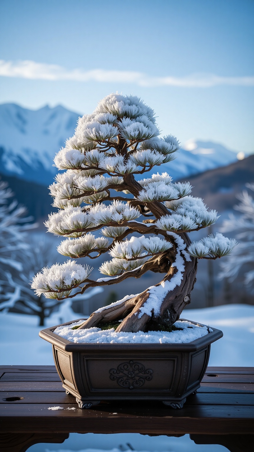 A snow-dusted pine bonsai,  needles glistening with frost,  set on a rustic wooden table on Tensor.Art