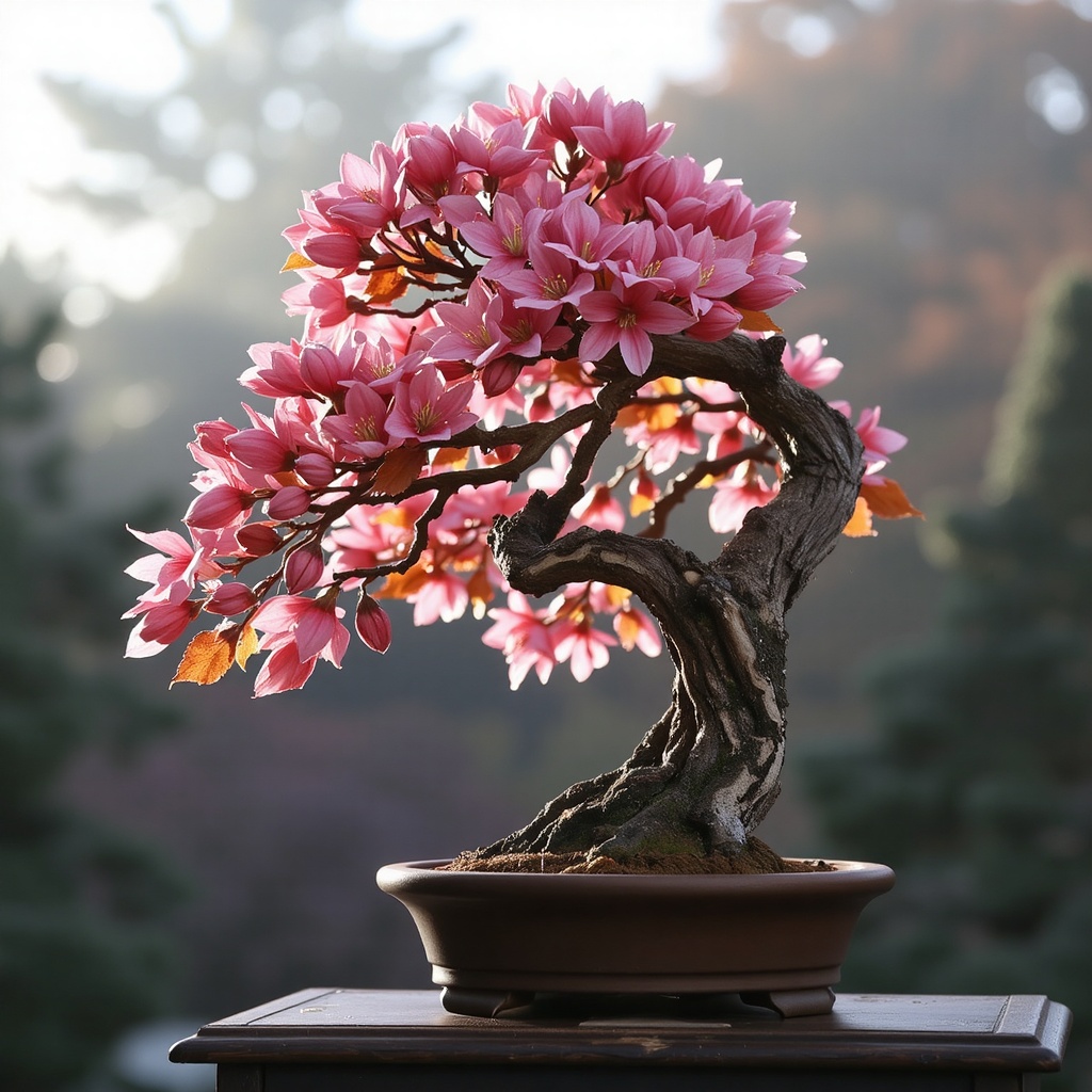 A delicate cherry blossom bonsai in full bloom,  vibrant pink petals gently falling,  placed on a wooden stand on Tensor.Art