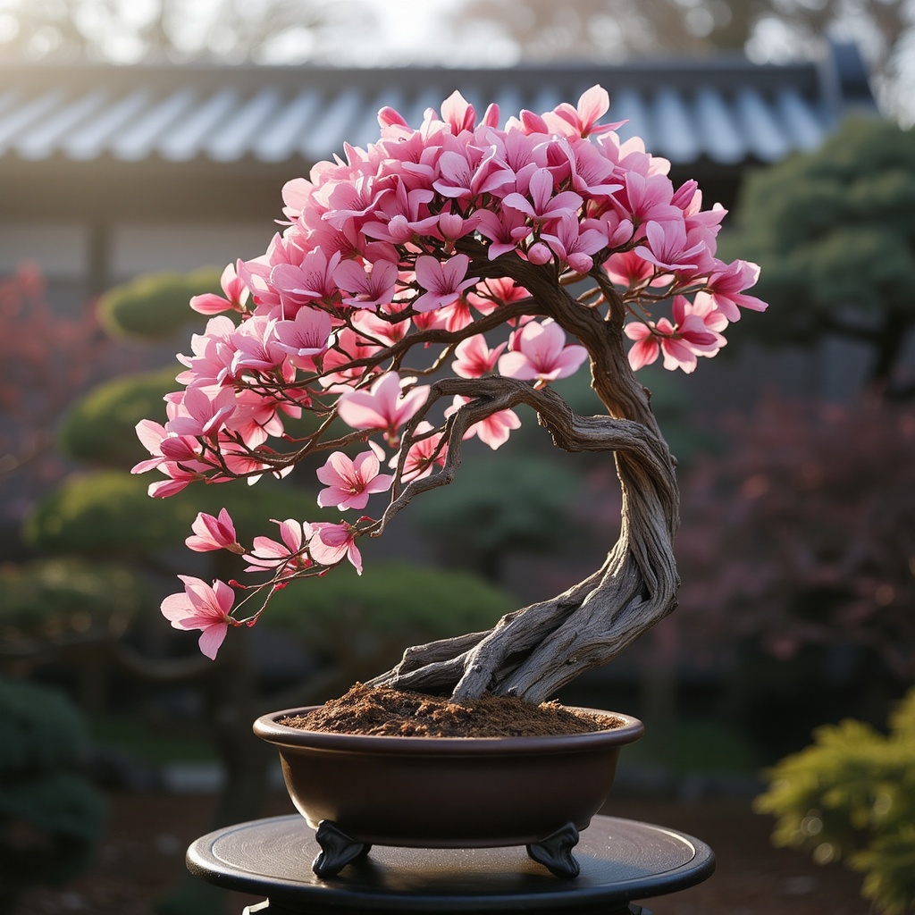 A delicate cherry blossom bonsai in full bloom,  vibrant pink petals gently falling,  placed on a wooden stand on Tensor.Art