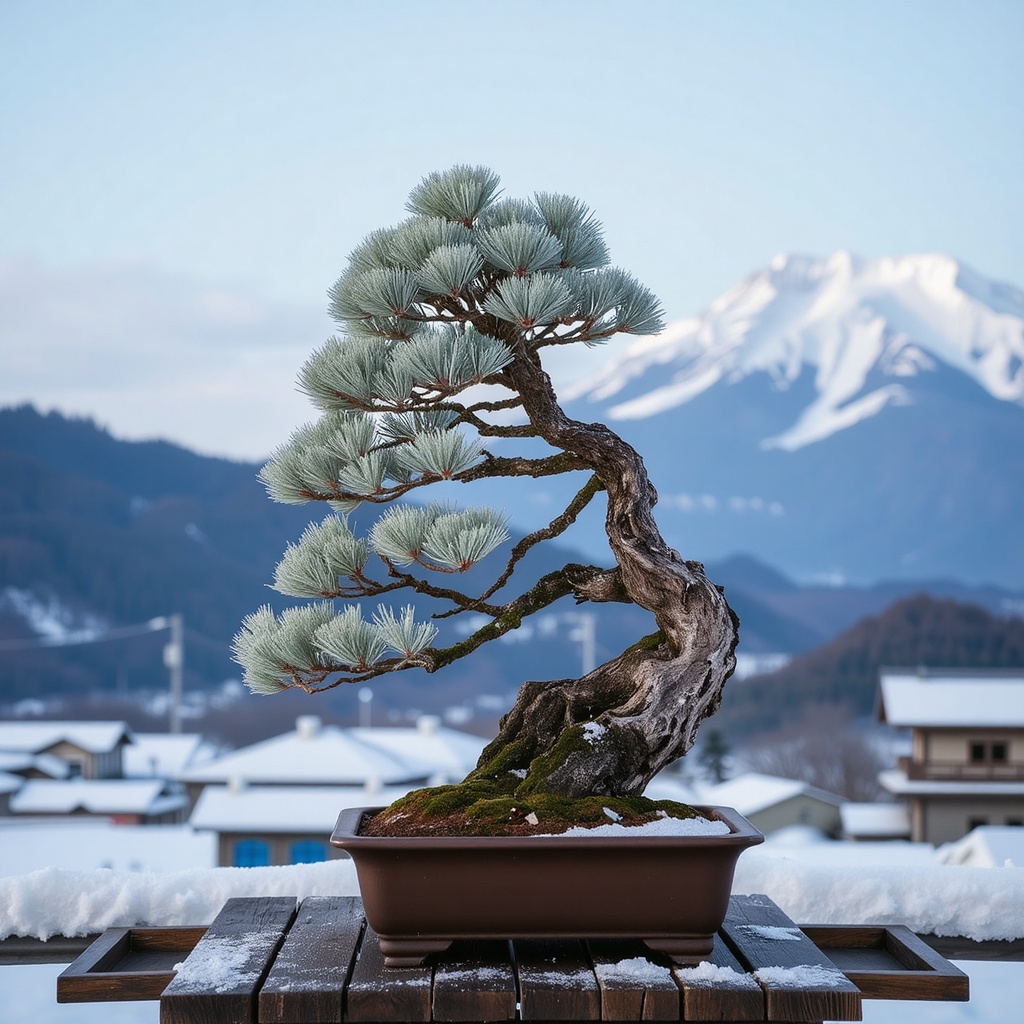 A snow-dusted pine bonsai,  needles glistening with frost,  set on a rustic wooden table on Tensor.Art