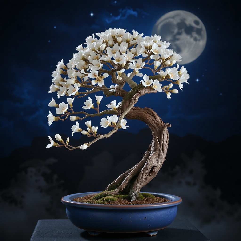 A plum blossom bonsai under a full moon,  delicate white flowers illuminated by cool moonlight,  gnarled trunk in a shallo...