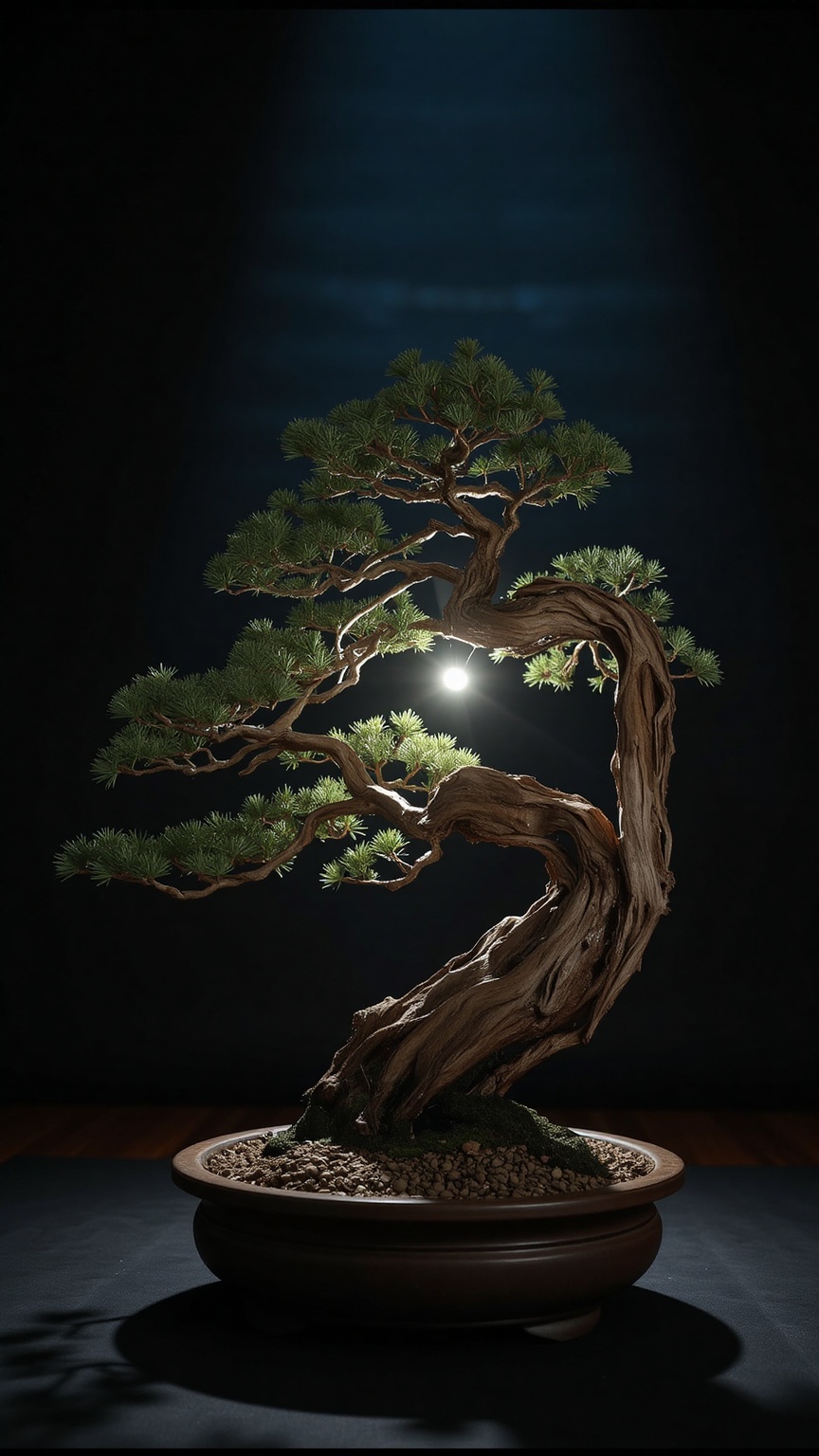 A cedar bonsai in a karesansui scene,  gravel emitting a soft silver glow,  tree branches casting luminous shadows on Tens...