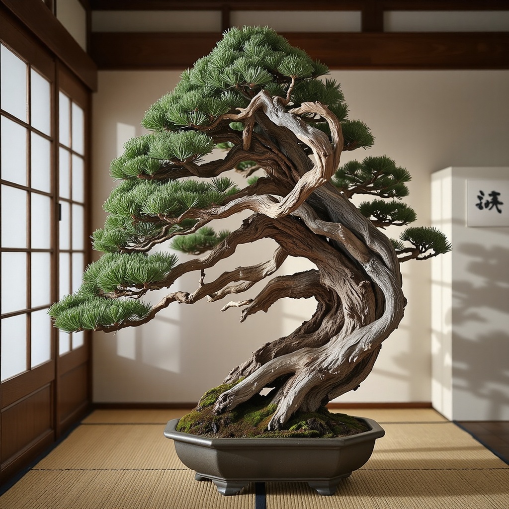 A majestic Japanese black pine bonsai,  ancient and weathered,  twisted branches reaching outward on Tensor.Art