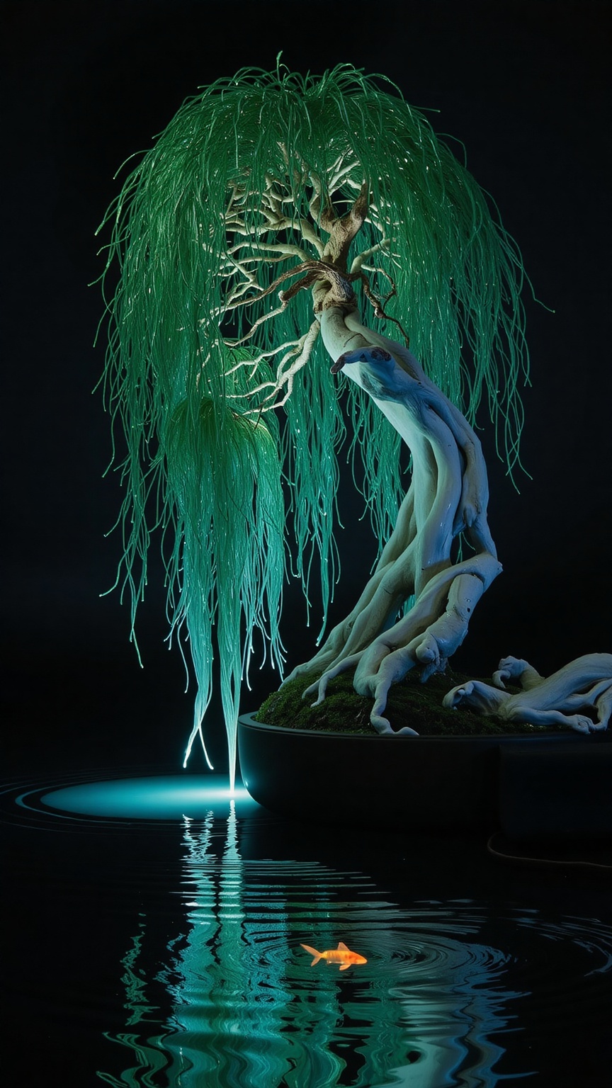 A weeping willow bonsai with cascading branches glowing in teal and aqua waves,  reflecting on a rippling koi pond,  faint...