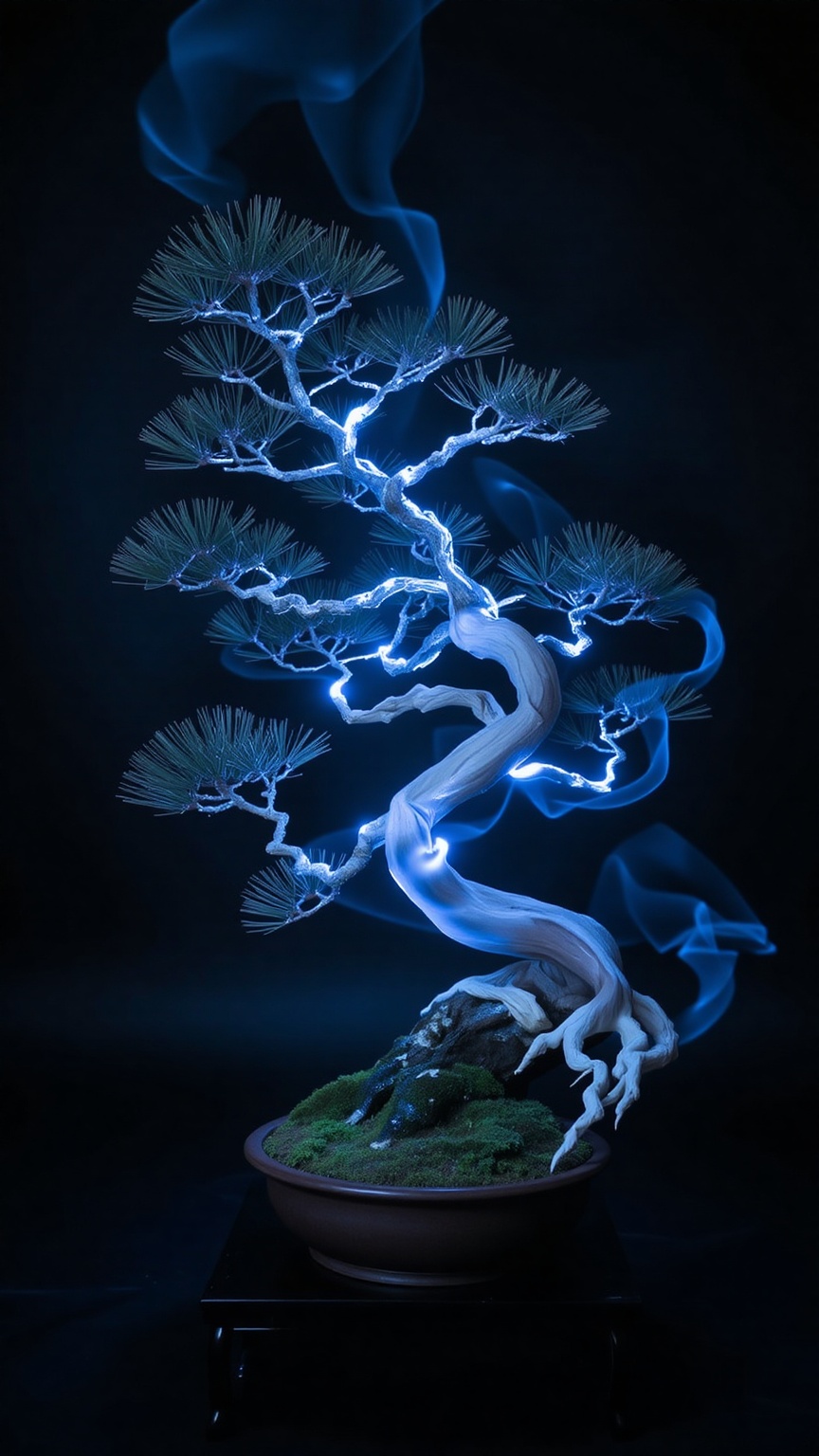 A Japanese black pine bonsai glowing with spectral blue light,  ethereal mist swirling around twisted branches,  set in a...