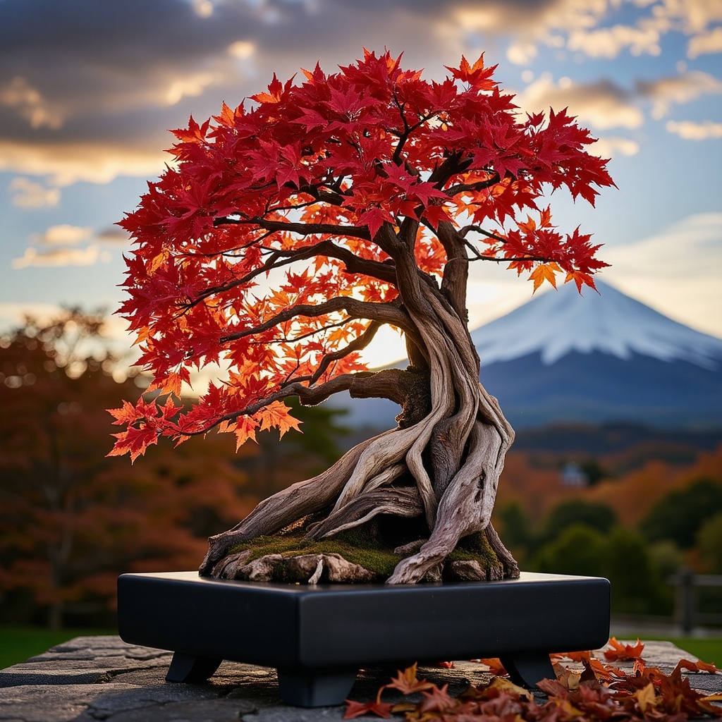 A fiery red maple bonsai,  autumn leaves glowing in the evening sun,  rugged trunk with exposed roots on Tensor.Art