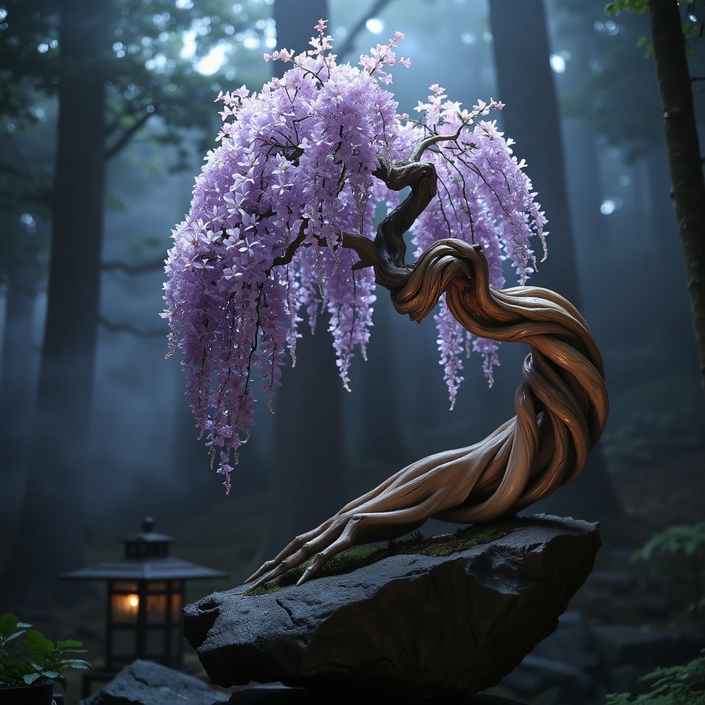 An ancient wisteria bonsai with twisting vines,  cascading purple flowers in bloom,  perched on a jagged rock on Tensor.Art