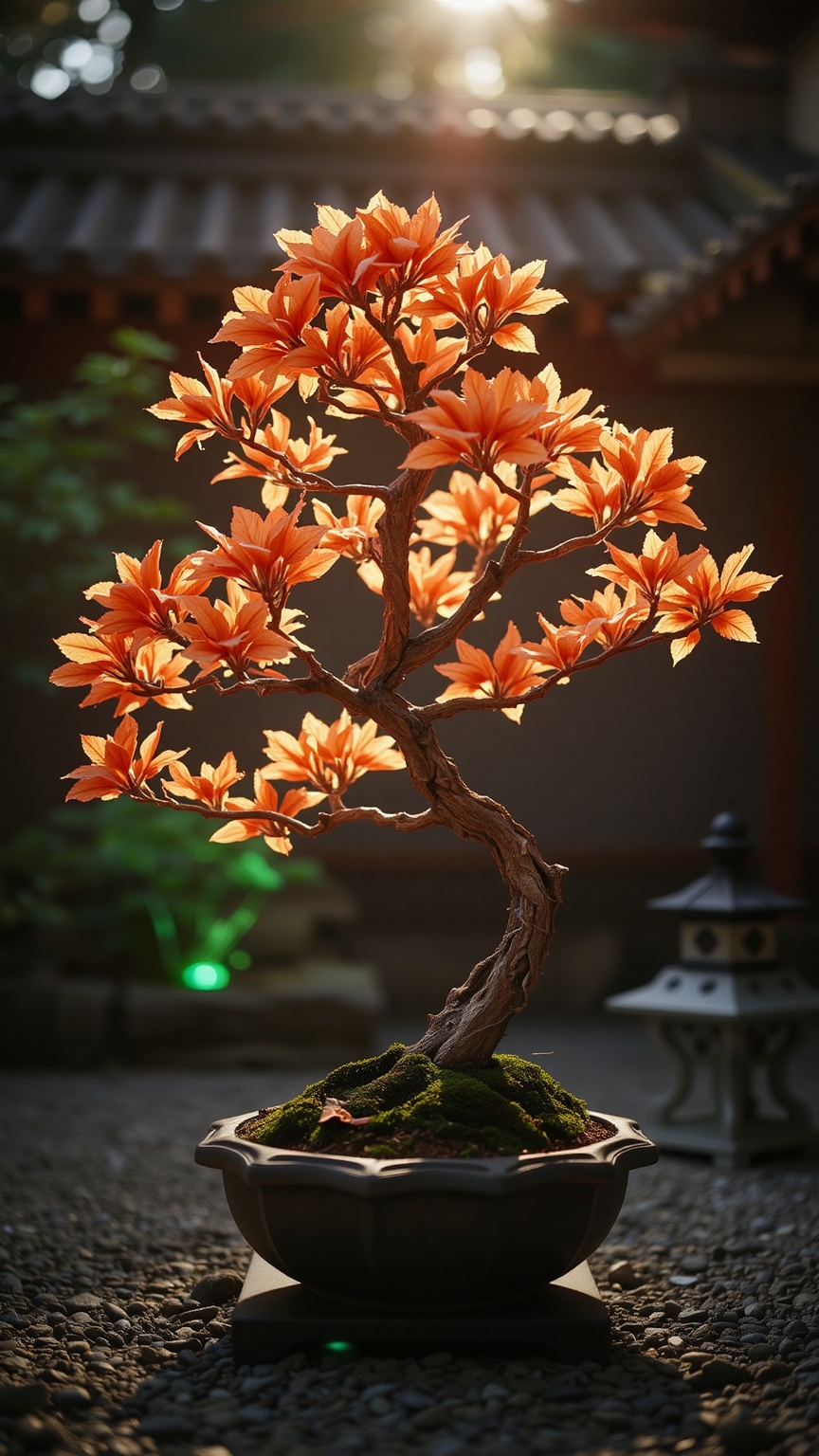 An azalea bonsai with orange blossoms emitting a warm spectral halo,  set in a glowing temple courtyard,  stone lantern ca...