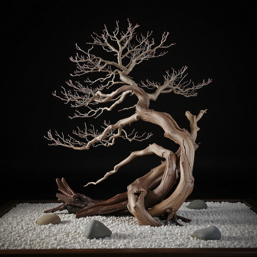 A rugged cedar bonsai in a karesansui (dry landscape) setting,  surrounded by raked white gravel and smooth river stones,...