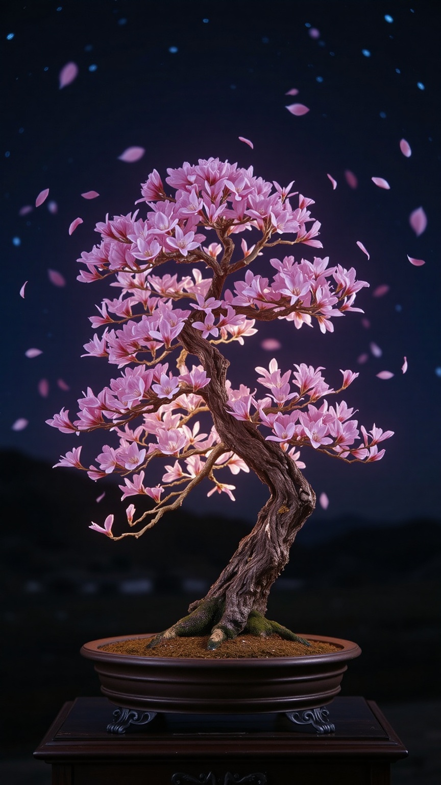 A cherry blossom bonsai radiating soft pink and violet glow,  petals emitting faint luminescent trails,  floating in a sta...