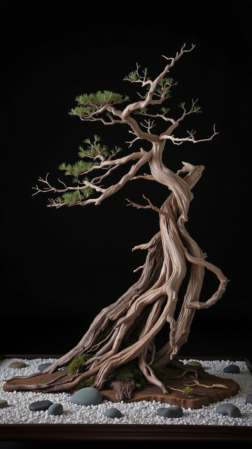 A rugged cedar bonsai in a karesansui (dry landscape) setting,  surrounded by raked white gravel and smooth river stones,...