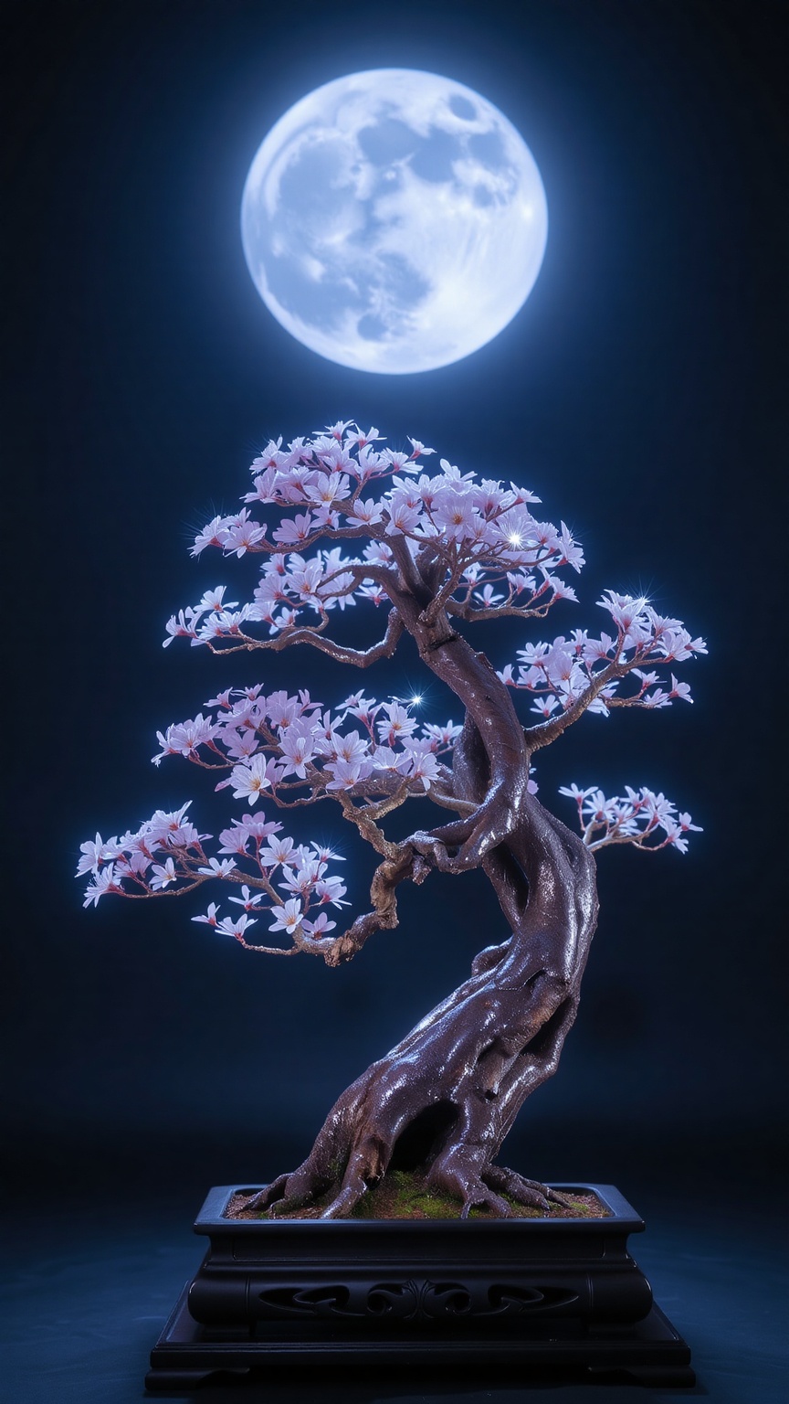 A plum blossom bonsai under a glowing moon,  white flowers radiating star-like sparkles,  trunk shimmering with violet and...
