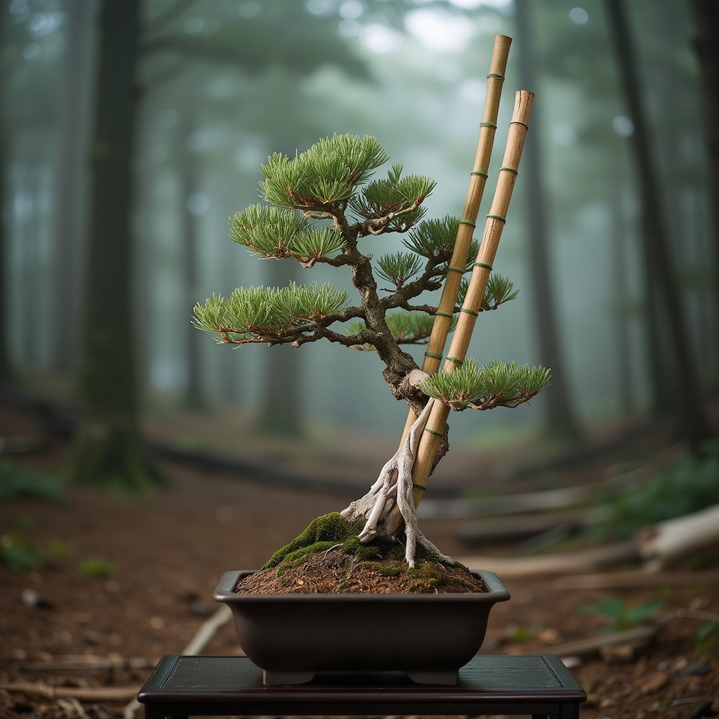 A small juniper bonsai paired with slender bamboo stalks,  minimalist composition,  placed in a shallow ceramic pot on Ten...
