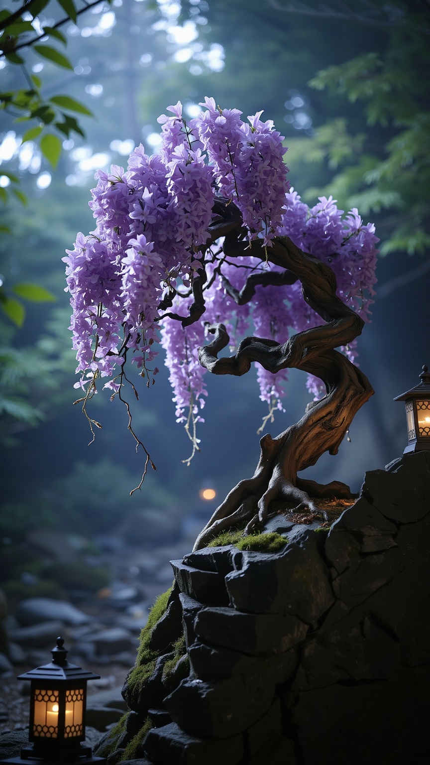 An ancient wisteria bonsai with twisting vines,  cascading purple flowers in bloom,  perched on a jagged rock on Tensor.Art