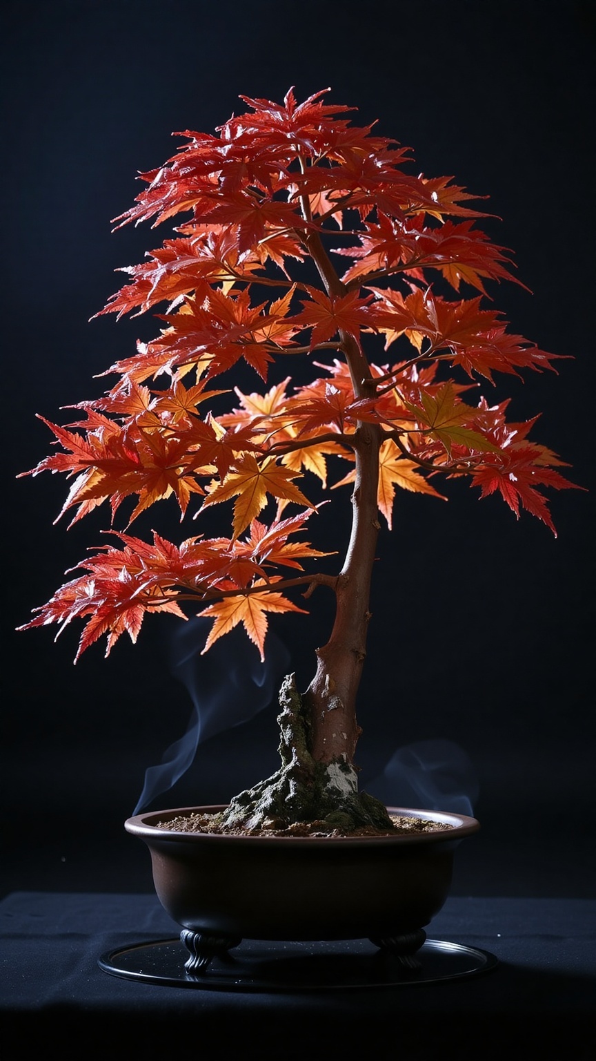 A maple bonsai with iridescent red and orange leaves,  each leaf glowing with prismatic light,  set on a reflective black...