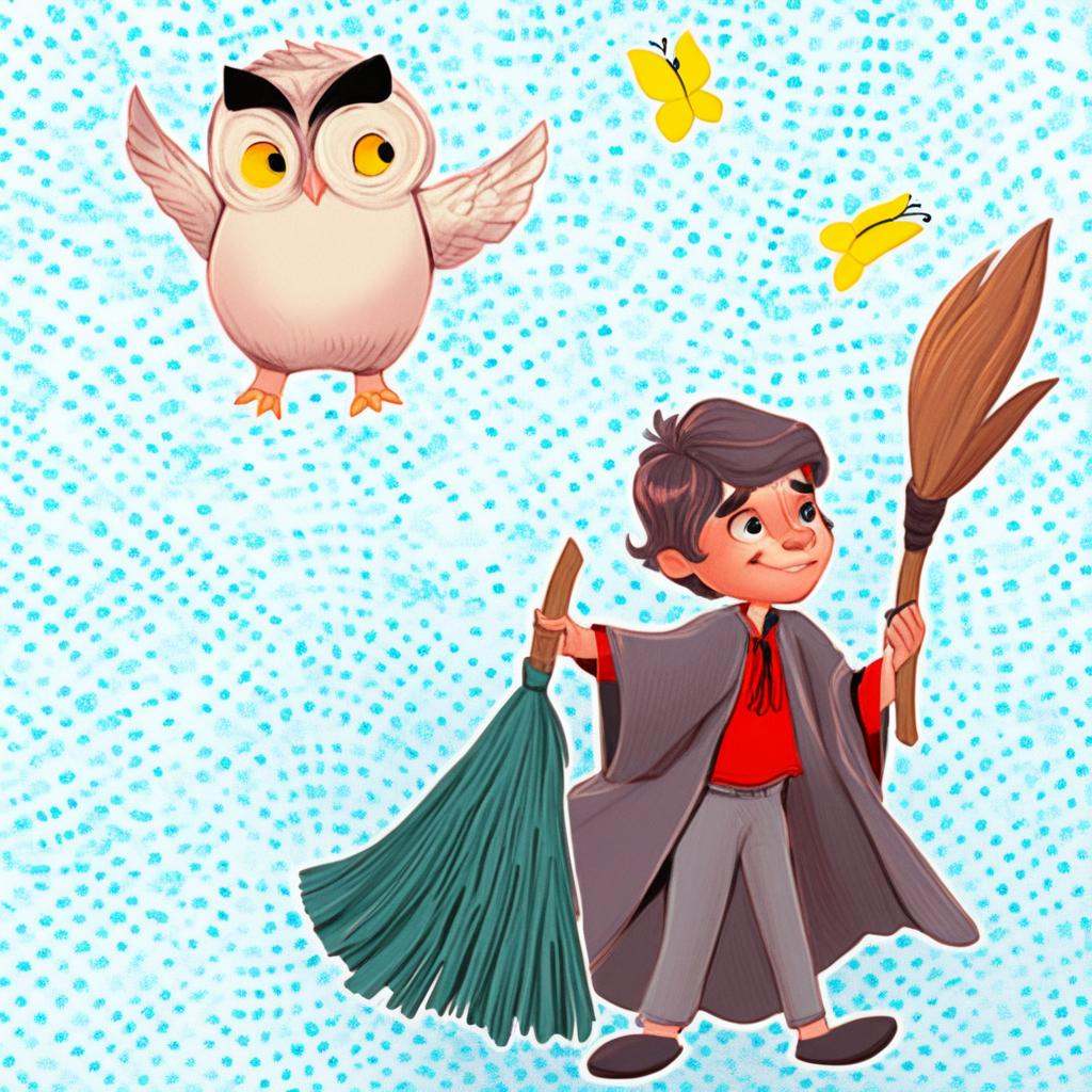 english text,  indicating a light fabric like cotton. Over this,  while the squirrel is scampering near his feet. The boy...