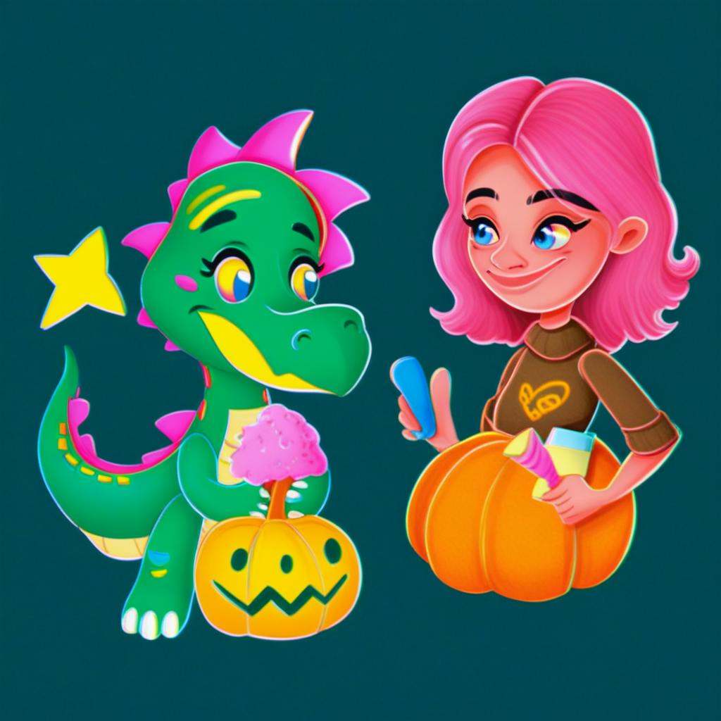 there are neatly arranged,  orange pumpkin. She has a joyful expression,  cream-colored sweater with a bright yellow bow t...