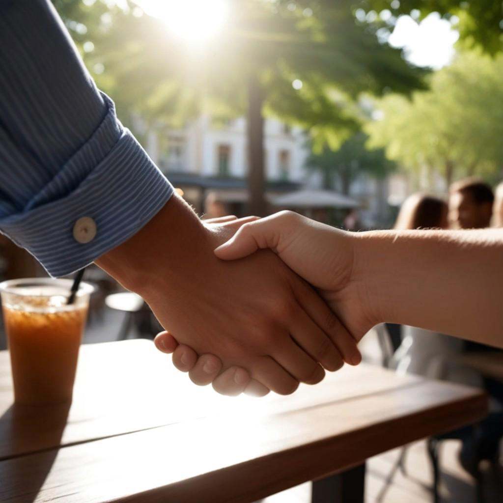 (impending handshake),  casual clothing,  outdoor café on Tensor.Art