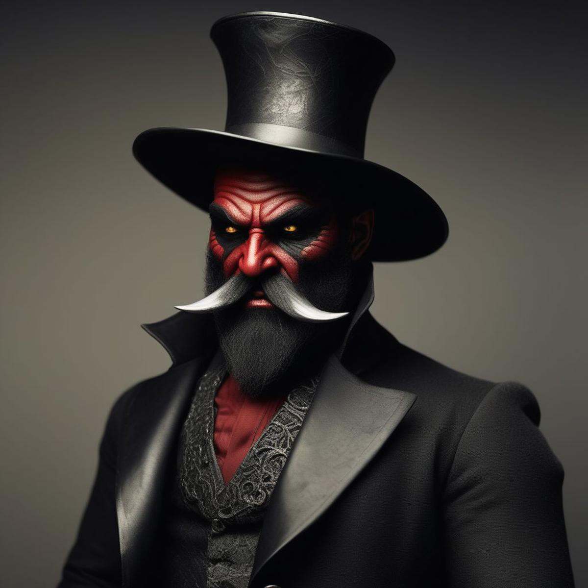Photorealistic,  Dark and evil red-skinned red goblin with black devil horns,  yellow eyes on Tensor.Art