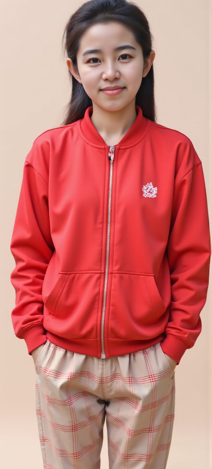 1 A cute little girl,  15 years old,  Wearing a red casual sportswear with white dots inside on Tensor.Art