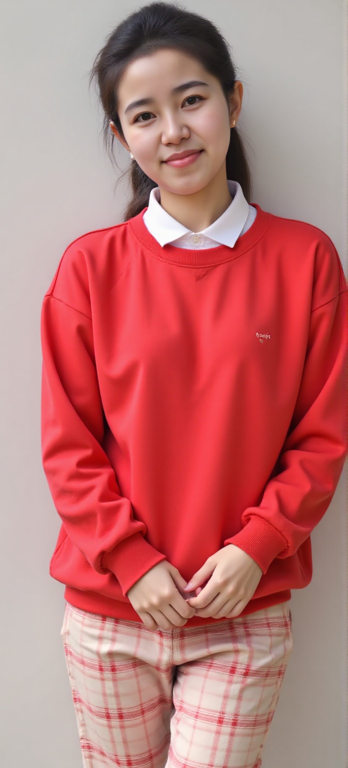 1 A cute little girl,  15 years old,  Wearing a red casual sportswear with white dots inside on Tensor.Art