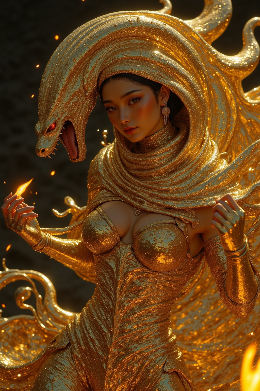 Hyp3rAn1me,  A full-body depiction of a female warrior with a muscular,  powerful physique and a cobra head on Tensor.Art