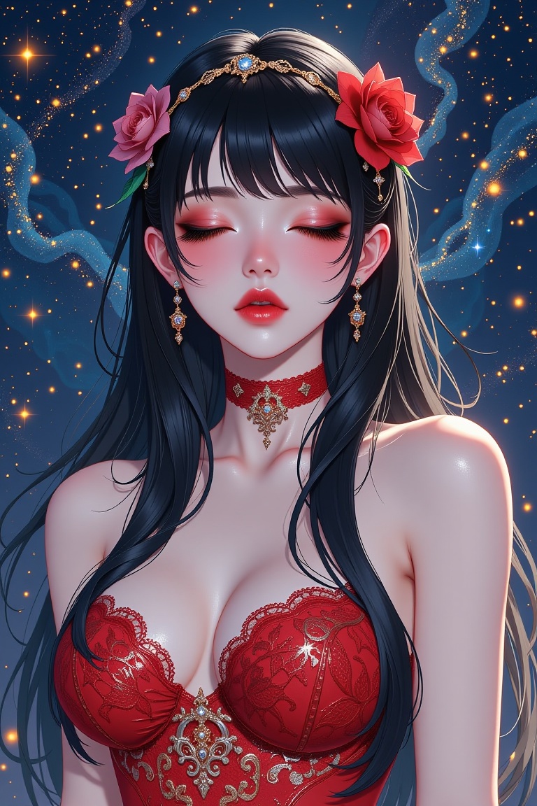 Hyp3rAn1me Create a hyper-realistic digital portrait featuring a 20-year-old anime woman,  embodying an ethereal,  gothic...