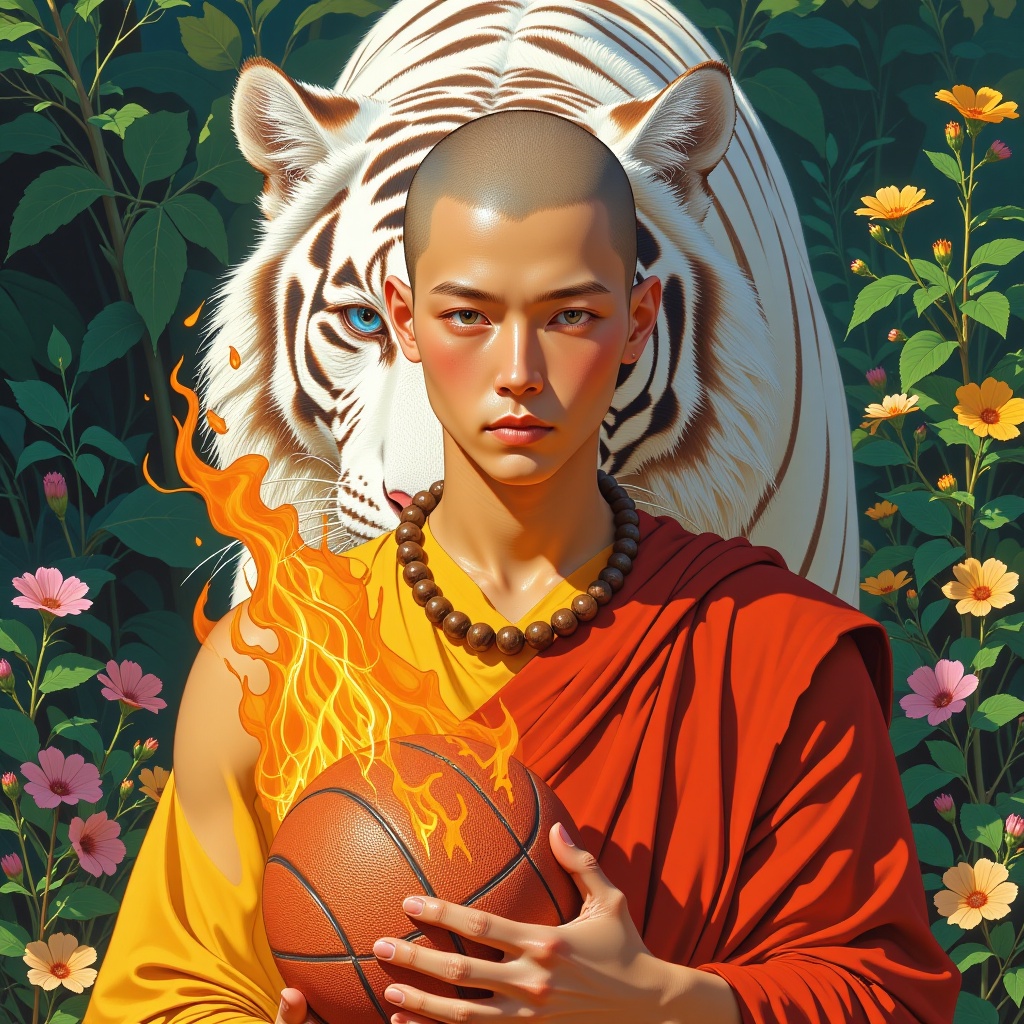 Hyp3rAn1me,  The image depicts a young male figure standing in a lush green environment,  surrounded by vibrant flowers an...