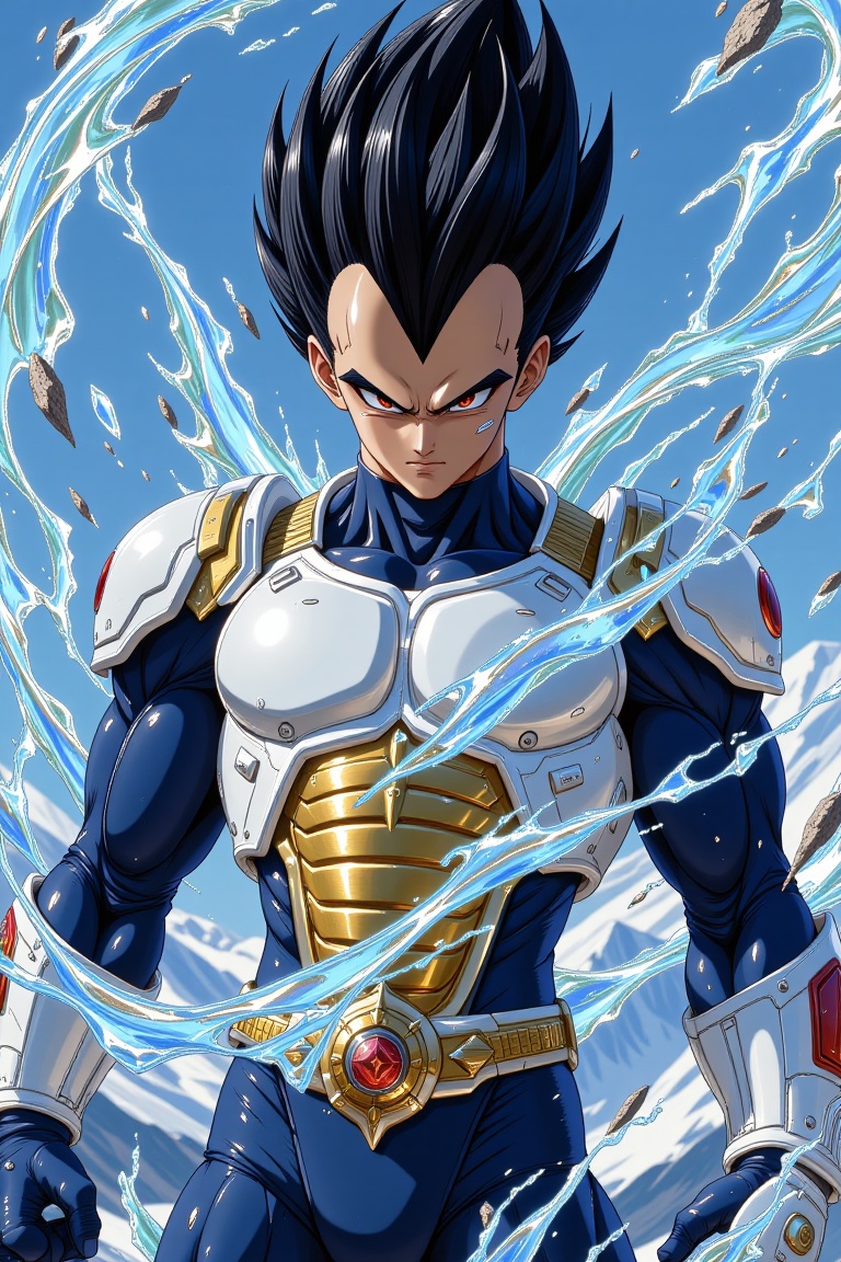 Hyp3rAn1me,  A powerful anime warrior Vegeta with spiky black hair,  glowing red eyes on Tensor.Art