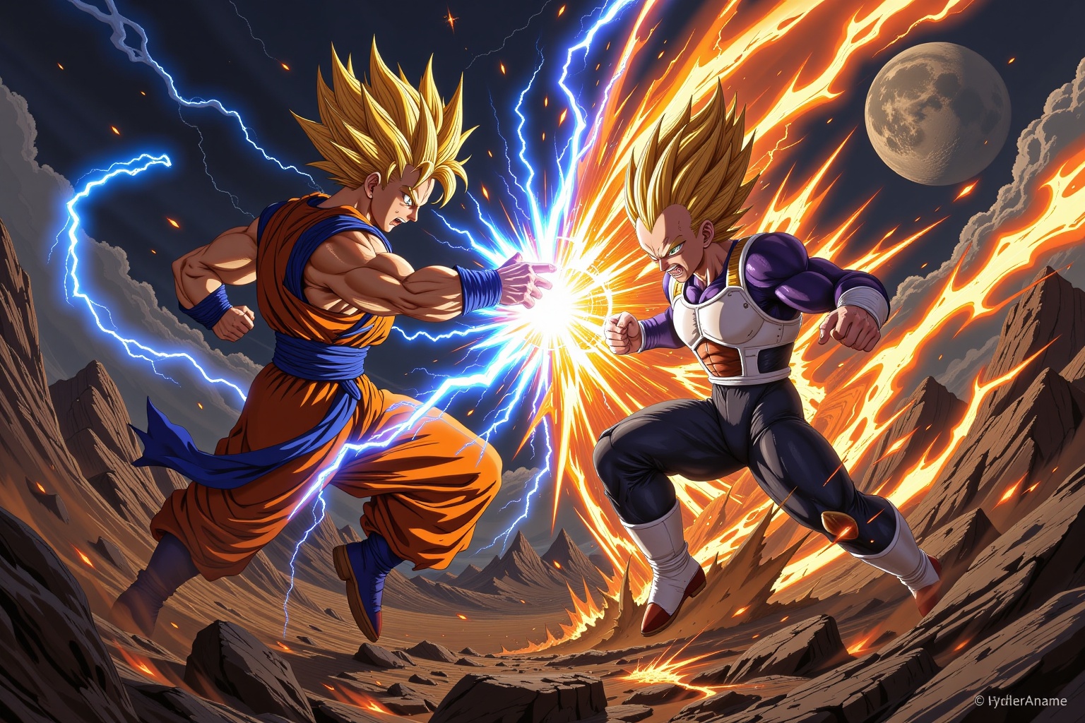 Hyp3rAn1me,  Goku vs. Vegeta – Epic Saiyan Showdown Setting: The battlefield is a shattered wasteland,  the remnants of a...