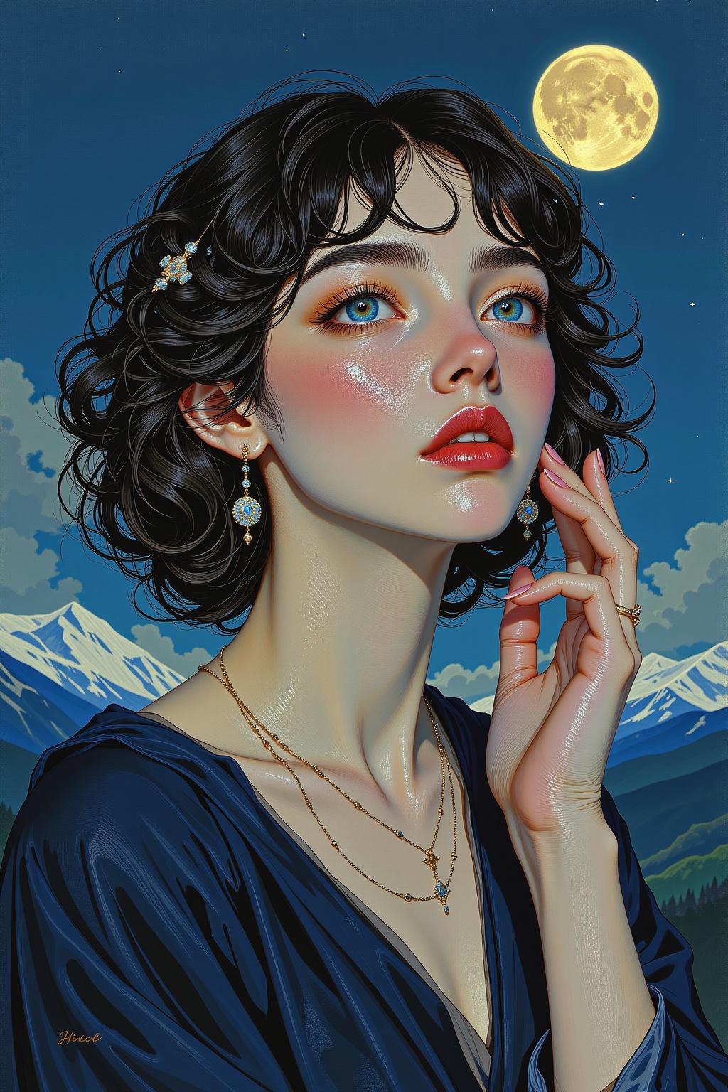 Hyp3rAn1me,  The image depicts a portrait of a young woman set against a backdrop of a mystical,  dreamlike landscape. The...