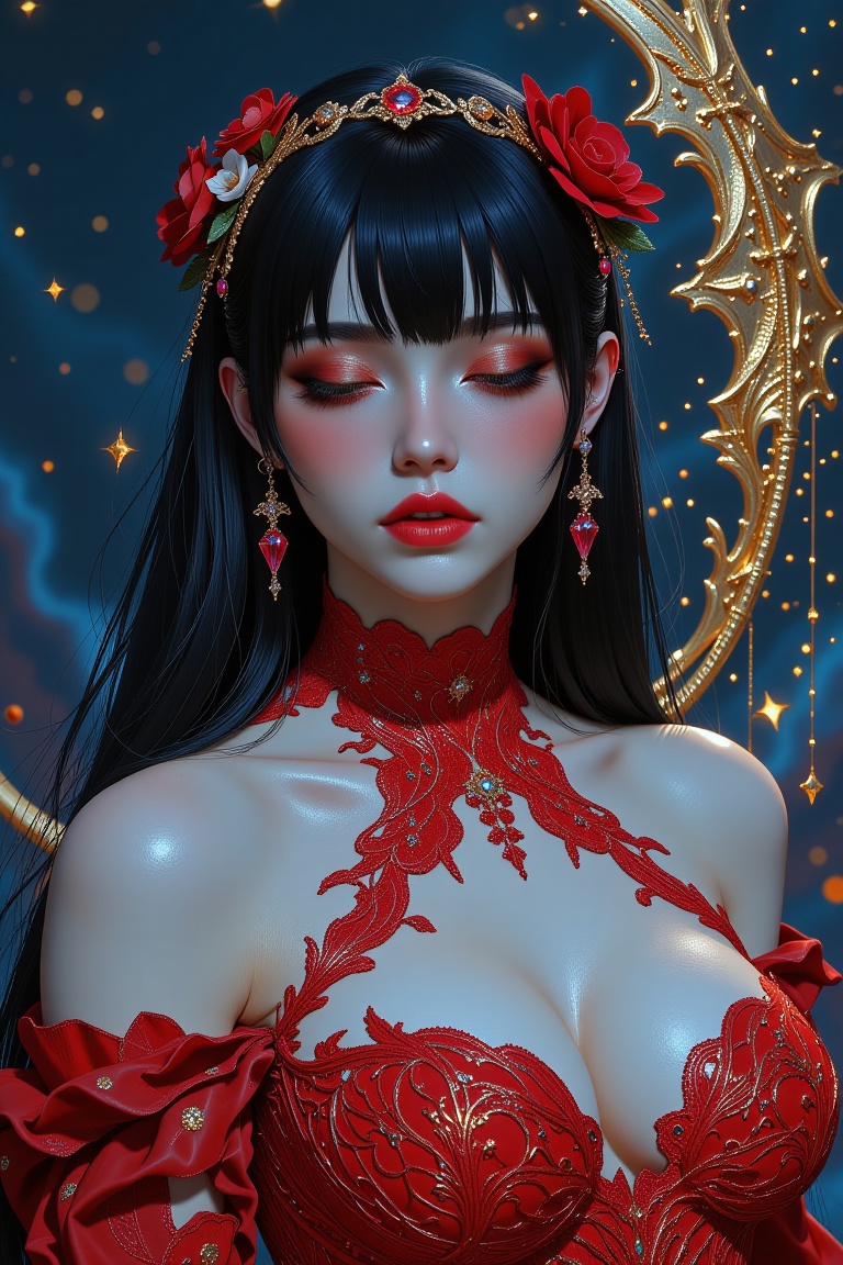 Create a hyper-realistic digital portrait featuring a 20-year-old Slavic woman,  embodying an ethereal,  gothic beauty. Th...