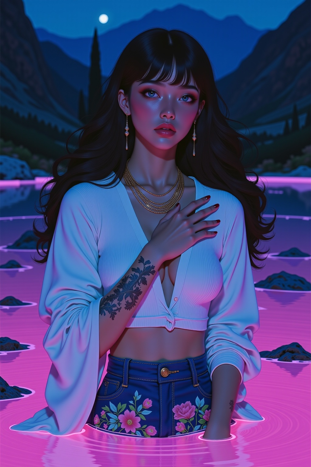 Hyp3rAn1me,  The image depicts a portrait of a young woman set against a backdrop of a mystical,  dreamlike landscape. The...